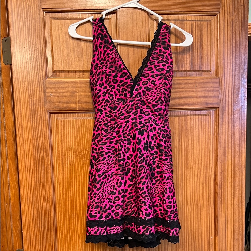 Torrid Pink Leopard Print Swim Dress with Black Lace Trim